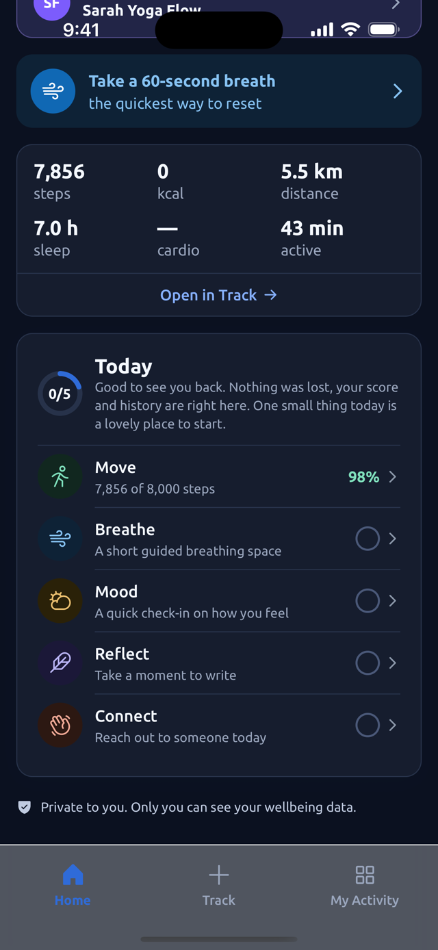 Wellora daily checklist: move, breathe, mood, reflect and connect, private to you